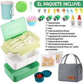 Bento Box, Loncheras para Adultos Niños, 1400ml Fiambrera Cajas Bento, Lunch Box con Cuchillo 3 Compartimentos con Bolsa del Almuerzo, Tenedor, Taza de 300ml, Apto para Microondas (Verde)