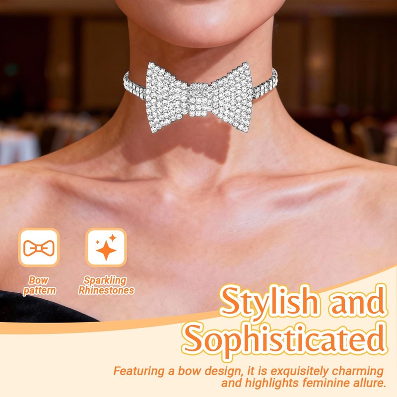 Sekonow 2 Pack Rhinestone Bow Necklace Chocker, Sparkly Diamond Bow