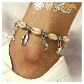 Inilbran Boho Cowrie Ankle Bracelet Silver Shell Pendant Anklet Bracelet Vintage Dolphin Drop Chain Anklet Fishtail Scallop Dangle Anklet Foot Chain Jewelry for Women and Girls