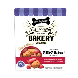 Three Dog Bakery Soft Baked PB&J Bites Dog Treats, Peanut Butter and Strawberry Flavor, Soft and Chewy Dog Cookies, Baked in The USA, 13 oz