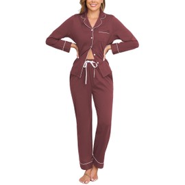 Veseacky 100% Cotton Pajamas for Women Set Long Sleeve Button Down Sleepwear Soft Pjs Lounge Sets with Pockets (Wine Red,M)
