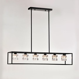 GUNQIUBA 6-Light Farmhouse Chandelier, Modern Industrial Linear Rectangular Crystal Pendant Light Cage Chandelier for Dining Room,Kitchen Island, Bar, Long Table,G9*6 Bulbs Included