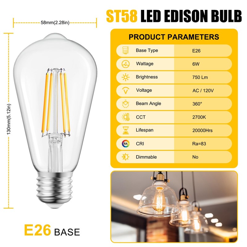 Brightown 6 Pack LED Edison Light Bulbs, 6W, Equivalent 60W,