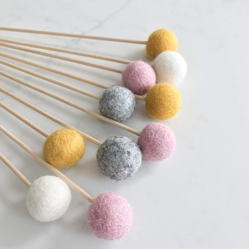 Felt Ball Flower Stems in Pink, Mustard, Grey & White