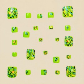 Green Toenails Press on Short Square Fake Toe Nails Spring Full Cover Acrylic Glue on Toenails Glossy False Nails with Floral Designs Reusable Stick on Toenails DIY Art for Women Girls 24Pcs