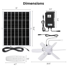 Fanspex 20.5'' Solar Rechargeable Ceiling Fan Light with Battery Backup, 25W Solar Powered Hanging Fans for Outdoor Gazebo, Chicken Coop, Greenhouse, Shed, Pet House