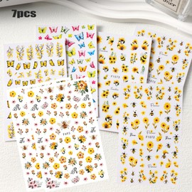 7 Sheets Flower Nail Art Sticker Decals Butterfly Sunflower Bee Floral Design Self Adhesive Decals Nail Art Supplies Manicure Decorations