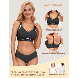 KeepMyself Bras for Women no Underwire Wireless Full Coverage Seamless Supportive - Back Smoothing T-Shirt Bra with Padded Soft Everyday Comfort Wear Black XL