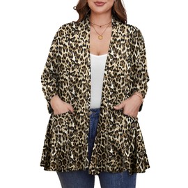 BELAROI Plus Size Cardigan Lightweight Cardigan Sweaters for Women Casual Open Front 3/4 Sleeve Soft Drape Cardigan Duster Cover Up (4X, Leopard Print)
