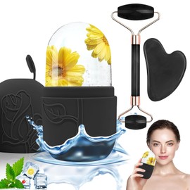 Rodillo de Hielo para la Cara, Molde de Hielo de Silicona Reutilizable Herramientasde Cuidado para Masaje Facil, ice roller facial, Ideal para Belleza Facial, Set con Molde de Hielo y Guasha(Negro)