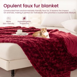 Sophia & William Burgundy Brushed Faux Fur Throw Blanket for Couch - Cozy, Soft, Lightweight, Hypoallergenic Fabric with Rumpled Floral Pattern Seasons (60x80”, Burgundy)