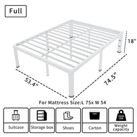 ROIL 18 Inch White Full Size Bed Frame with Rounded Corner and Headboard Hole Mattress Retainers 3500LBS Heavy Duty Steel Slats No Box Spring Needed Platform Noise-Free Easy Assembly
