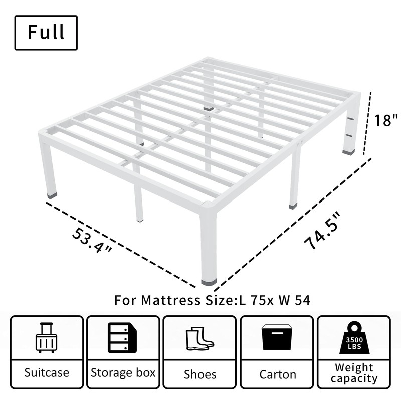 ROIL 18 Inch White Full Size Bed Frame with Rounded