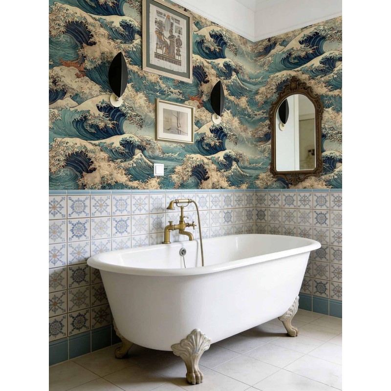 Vintage Ocean Wave Wallpaper, Japanese Art Inspired Seascape Wallpaper