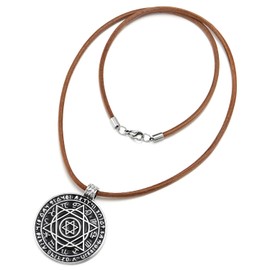 COOLSTEELANDBEYOND Star of David Circle Medal Pendant Necklace, Viking Nordic Runes with Brown Leather Cord, Metal, No Gemstone