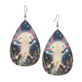 Cute Axolotl In The Sea Faux Leather Earrings For Women Lightweight Teardrop Dangle Earrings Gift