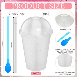 Ninehaoou 24 Sets Slushie Cups with Dome Lids and Straws Detachable Spoon Straws Reusable 16 oz Plastic Iced Coffee Cups Smoothie Tumbler for Birthdays Summer Party Supplies (Transparent White)