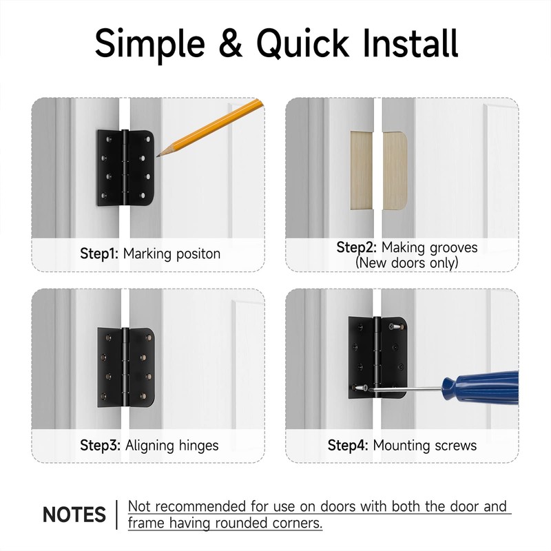 HOSOM 6 Pack Black Exterior Door Hinges 4 Inch, 5/8"