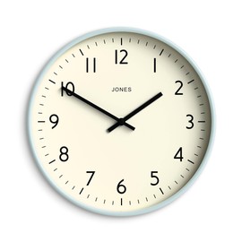 JONES CLOCKS® Studio Wall Clock | Modern Round Style | 12 inch | Pale Blue | Easy to Read Numbers | Versatile Design for Kitchen, Living Room or Office