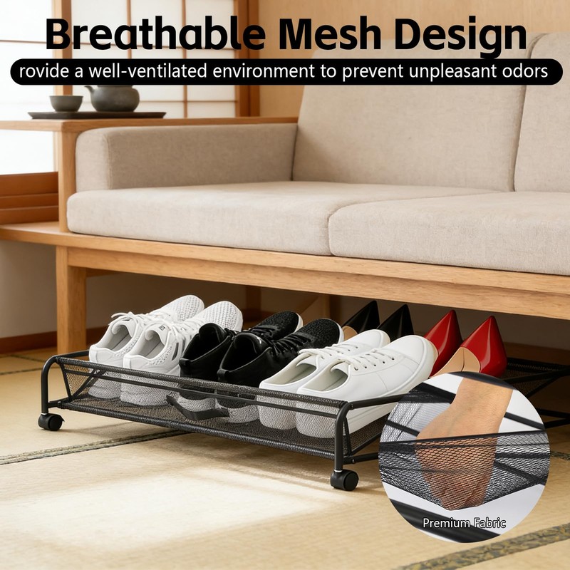 AIHSUMC Under Bed Shoe Storage Organizer, 2-Pack Metal Mesh Storage