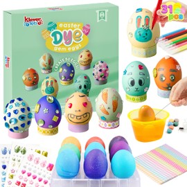 Klever 31PCS Easter Egg Decorating DIY Kit with Dye Tablets and Gem Stickers, Coloring Dyeing Set for Kids Easter Theme Party, Egg Hunt Creativity Activity