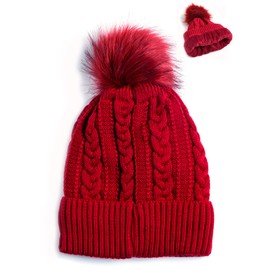 Women Winter Faux Fur Pom Pom Beanie Hat with Warm Fleece Lined Thick Skull Ski Cap Stylish & Warm in Red