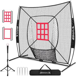 BAGAIL 7x7 ft Baseball & Softball Practice Net with Bow Frame for Batting, Hitting, Pitching, Portable Baseball Throwing Net with 2 Strike Zone Batting Tee, Carry Bag, Great for All Levels