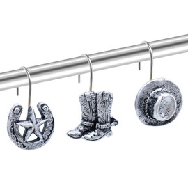 Western Shower Curtain Hooks Rustic Farmhouse Shower Curtain Rings for Western Cowboy Bathroom Decor Stainless Steel 12 PCS Silver