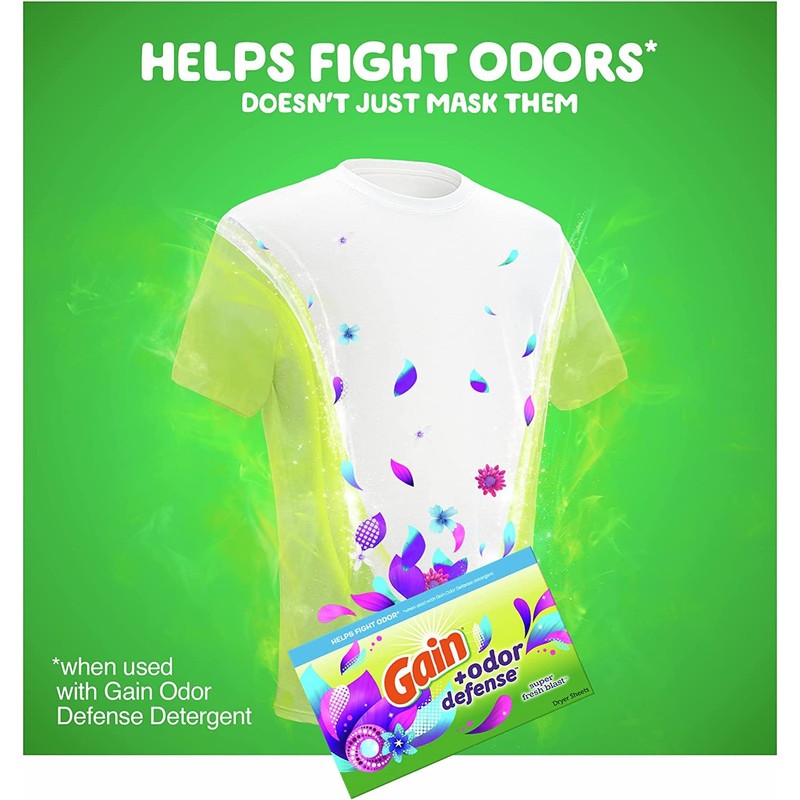 Gain + Odor Defense Dryer Sheets, Super Fresh Blast Scent