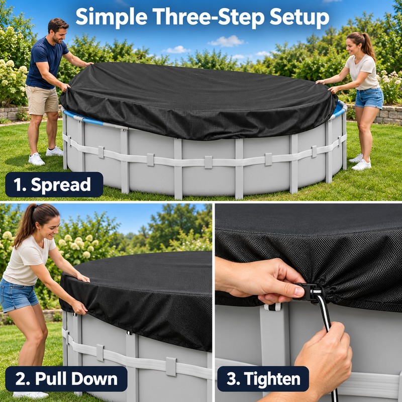 Round Above Ground Pool Cover, Heavy Duty Black All-Weather Protective