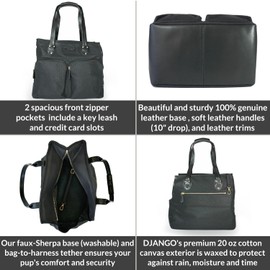 DJANGO Dog Carrier Bag - Waxed Canvas and Leather Soft-Sided Pet Travel Tote with Bag-to-Harness Safety Tether & Secure Zipper Pockets (Medium, Black)