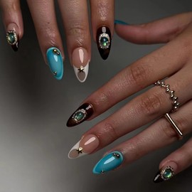 BABALAL Press on Nails Almond Medium Fake Nails Blue Brown Glue on Nails Vintage Rhinestone Charm Design Acrylic Nails French Tip Y2k Stick on False Nails Stiletto Nail Supplies 24Pcs Nail Art