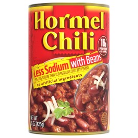 HORMEL Chili With Beans, Less Sodium, (Pack of 12), 15 oz Canned Chili, – 16g Protein per Serving, Gluten-Free - Great for Bowls, Dips, Hot Dogs and Appetitizers