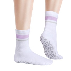 YUEDGE Ladies Non Slip Yoga Pilates Socks for Women 4-7, Whtie Cushioned Crew Grip Socks for Barre Ballet Dance, Anti Slip Gym Gymnastics Workout Training Athletic Socks with Violet Stripes, 3 Pairs