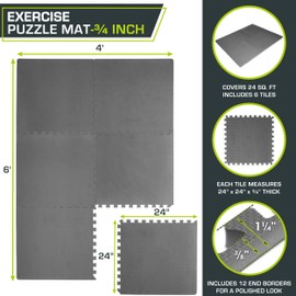 ProsourceFit Extra Thick Puzzle Exercise Mat , EVA Foam Interlocking Tiles for Protective, Cushioned Workout Flooring for Home and Gym Equipment, Grey - 3/4 inch - 24 Sq Ft - 6 Tiles
