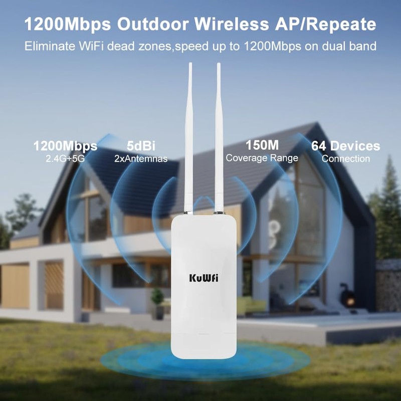 KuWFi Dual Band Outdoor WiFi Extender Booster Wireless Access Point