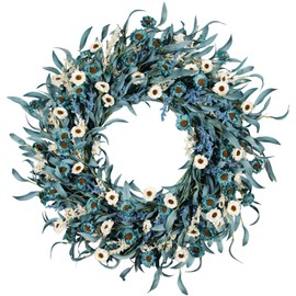 wwmira 24 Inch Blue Daisy Flower Wreaths for Front Door - Spring Summer Wreath with White Floral, Blue Eucalyptus Leaves &Lavender Farmhouse Indoor Outdoor Decor for Porch, Patio & Entryway