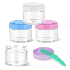 4 Pcs Empty Plastic Containers with Lid Travel Cream Jars for Toiletries Refillable Cosmetic Container Leak-proof Sample Pot Jar 0.7oz Round Containers with Spatula for Storage Liquid Oils Salves