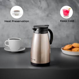 Royalford Coffee Pot | Stainless Steel Thermal Carafe 1200ML /40.5 oZ Jug | Double Walled Vacuum Insulated Coffee Pot with Press Button | Ideal for Coffee, Tea, Beverage etc | Gold
