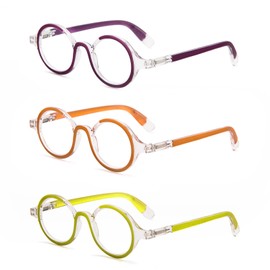 KoKoBin 3 Pack Small Round Reading Glasses Comfortable Readers Colored Stylish Frame for Women and Men +1.25
