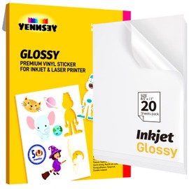 YENNSEY - Papel calcomanía de vinilo brillante para impresora de inyección de tinta, 20 hojas de papel calcomanía blanco autoadhesivo impermeable para cricut, etiquetas imprimibles personalizadas, 8.5 x 11 pulgadas