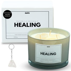 Ambient Aura Clear Quartz Crystal Candle, 380g 30 Hour- Intentions of Healing with Surprise Crystal Gift Keychain Inside Candle (Sandalwood, Cardamom, Iris Scent)