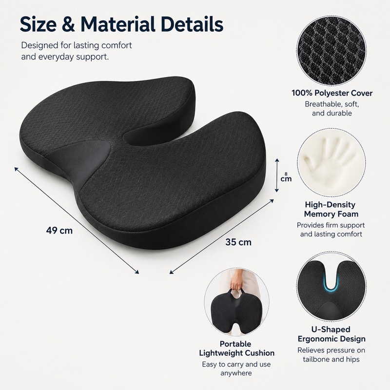 Memory Foam Seat Cushion for Office Chairs – Non-Slip U-Shaped