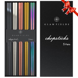 GLAMFIELDS Metal Chopsticks Reusable Chopsticks Dishwasher Safe Multipack Stainless Steel Japanese Style 5 Pairs Lightweight Chop Sticks Gift Set