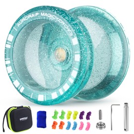 MAGICYOYO K3 Aurora-p Crystal Green Glitter Clear, Pro Finger Spin Trick Yoyo for Kids 8-12, Responsive Yo yo for Beginner | Unresponsive Yo-yo Bearing with 12 Strings +Square Ball Bag(Glitter Green)