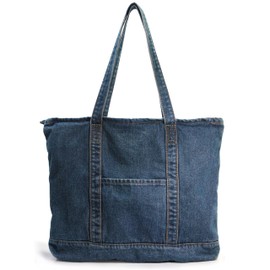 Hoxis Casual Denim Tote Bag with Zipper, A4 Large Capacity, Foldable, Ultra Lightweight Eco Bag, blue (dark)