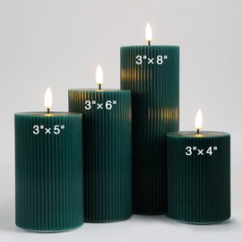 Girimax Teal Flat Top Ribbed Flameless Pillar Candles with Remote, Flickering LED Wax Battery Candles Set of 4, Φ 3" H 4" 5" 6" 8"