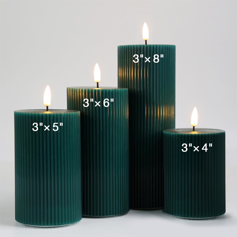 Girimax Teal Flat Top Ribbed Flameless Pillar Candles with Remote,