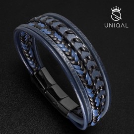 UNIQAL Men's Leather Bracelet "ARMARA" Braided Men's Bracelet Made of Genuine Leather and Stainless Steel Magnetic Closure Black Brown Blue Unisex Gift Idea Case Birthday, 23 inches, Stainless Steel