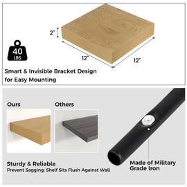 Venusmiles Square Floating Shelves for Wall, 12" W x 12" D x 2" H, 2 Pack of Small Wall Mounted Engineered Wood Shelves with Invisible Brackets for Living Room, Bedroom, Bathroom, Kitchen Decor, Oak